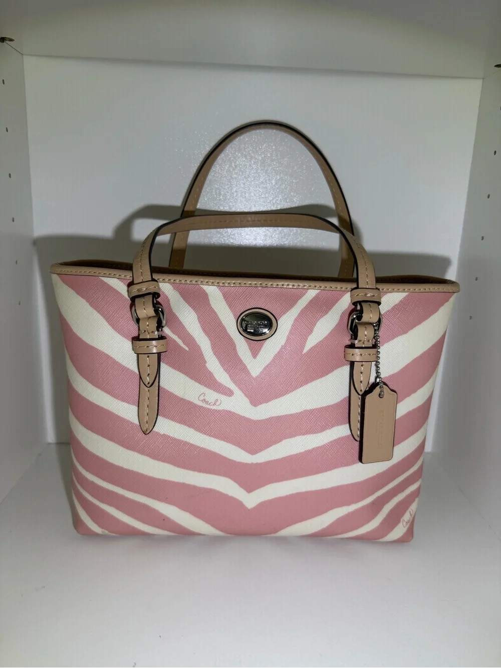 Coach Pink and White Zebra-Print Canvas Mini Tote with Tan Leather Trim - Picture 1 of 7